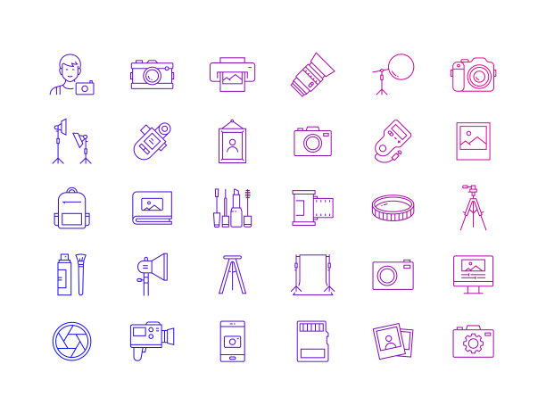 简单的摄影相关矢量细线图标集合。大纲符号集合。图片下载