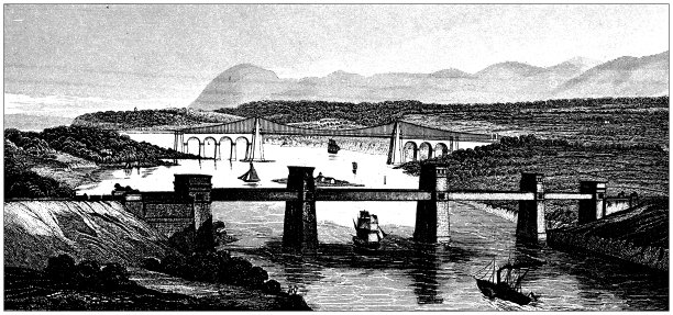 仿古雕刻插画、工程技术:桥梁建筑、不列颠尼亚大桥图片下载