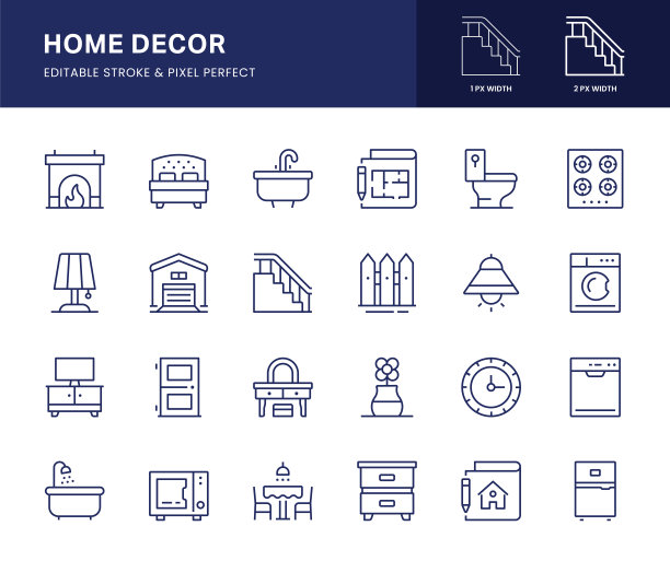 家居装饰线图标。这个图标集包括壁炉，卧室，脸盆，楼梯，餐厅等。图片下载