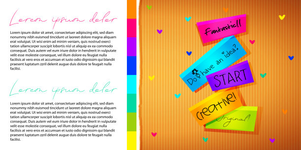 动机和创意的概念。彩色贴纸在硬纸板背景与心与空间的文字。时尚的模板在线订单，网页，应用程序设计。图片下载