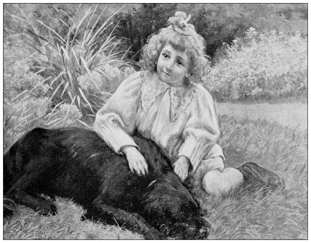 古玩图像:绘画，女孩和狗，布吕耶图片下载