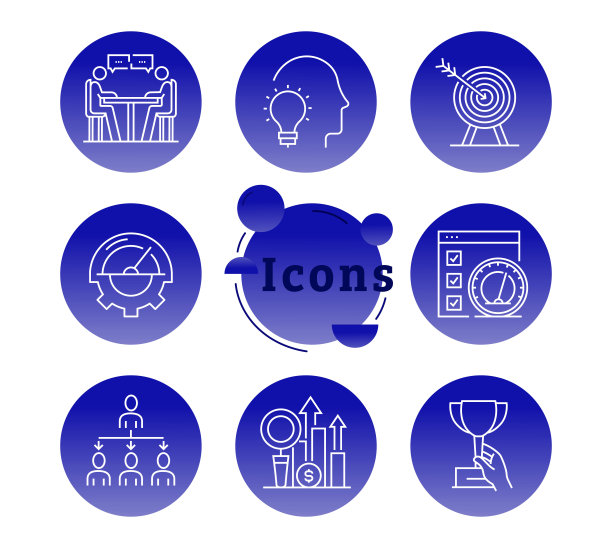 性能管理信息图表模板可编辑笔画。设计是可编辑的，颜色可以改变。矢量创意图标集:实力，改进，发展，业务，互联网，运行，效率，进步图片下载