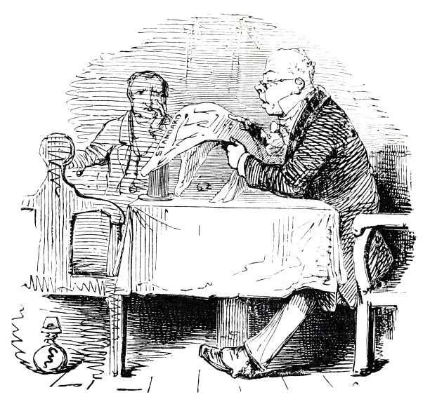 一个人坐在桌旁看报纸，另一个人看着图片下载