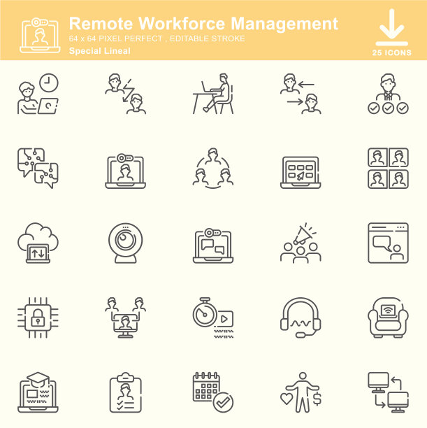 远程劳动力管理线性图标，可编辑的笔画，64x64像素完美图片下载