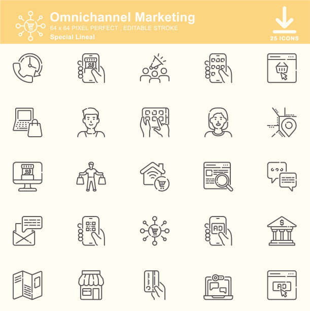 全渠道营销线性图标，可编辑的笔画，64x64像素完美图片下载