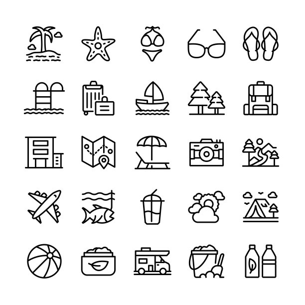 矢量插图图形的夏天和海滩。可编辑的笔画大小。简单孤立的图标。符号，符号，元素。图标集。图片下载