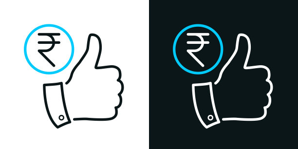 竖起大拇指的印度卢比硬币。黑色或白色背景上的双色线条图标-可编辑笔触图片下载