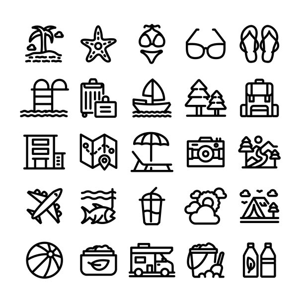 矢量插图图形的夏天和海滩。可编辑的笔画大小。简单孤立的图标。符号，符号，元素。图标集。图片下载