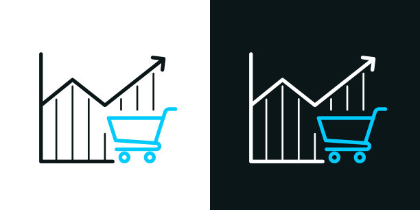 增长图形与购物车。黑色或白色背景上的双色线图标-可编辑的笔画图片下载