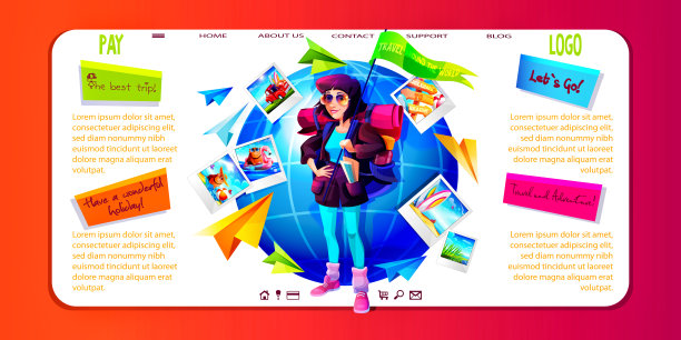 以卡通风格环游世界的旅游理念。年轻的女游客站在地球仪前，拿着纸飞机和白色背景的即时打印照片。时尚的网页或模板。图片下载