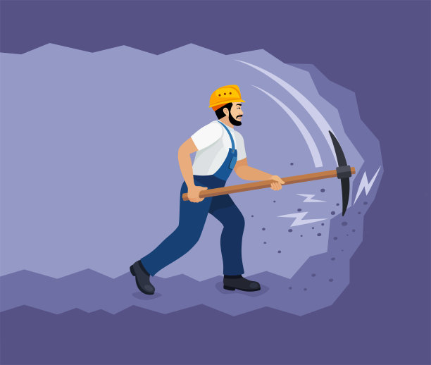 拿着镐斧的人。工人挖掘和开采寻找宝藏。图片下载