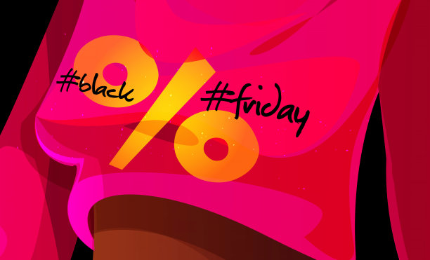 卡通风格的季节性销售概念。“黑色星期五”。一个年轻美丽的非裔美国妇女的躯干与大折扣极端特写。半身的肖像。明亮的创意节日海报或横幅。图片下载