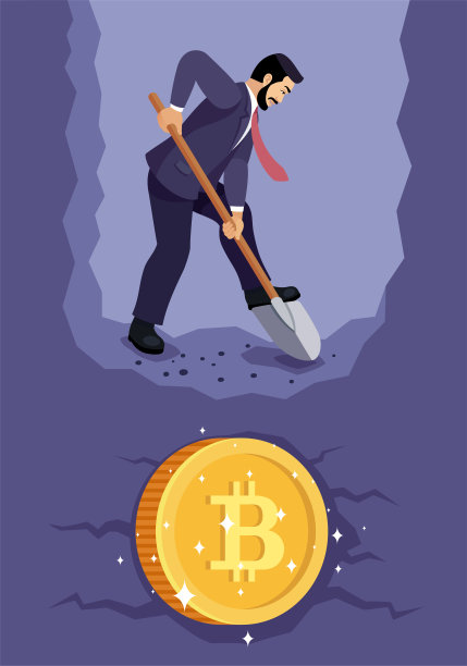 商人挖掘寻找加密货币。一个人用铲子在地上挖洞。比特币加密货币挖矿。图片下载