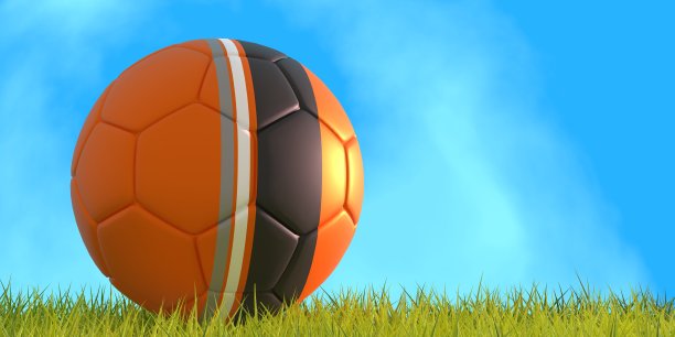 美式足球由休斯敦迪纳摩FC美式足球队统一的颜色纹理。足球场的绿草。三维渲染图片下载
