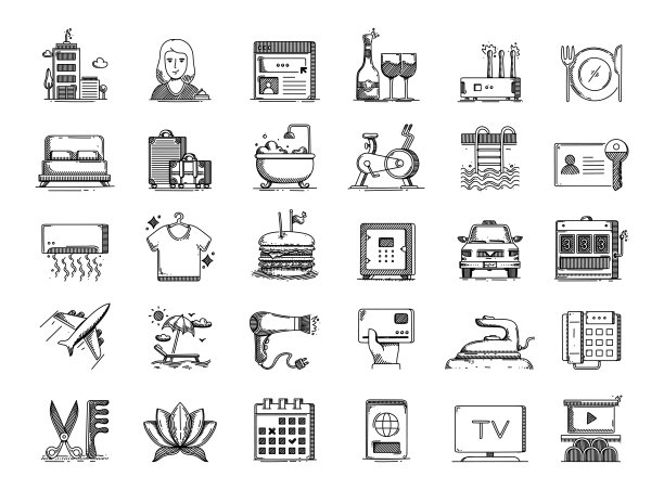 酒店服务手绘矢量涂鸦线图标集图片下载