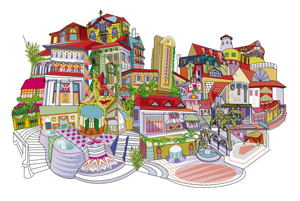 可爱的图形绘制色彩缤纷的城市图片下载