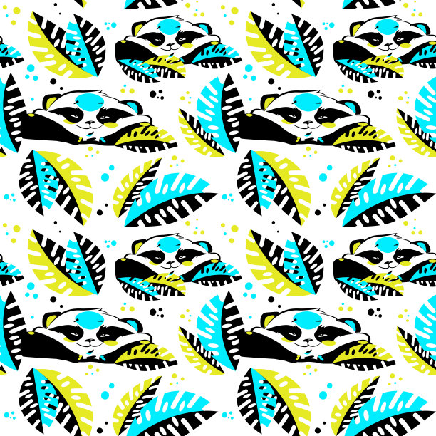 在一个孤立的白色背景上，沉睡的熊猫在热带树叶中。彩色卡通，创意无缝矢量图案。图片下载