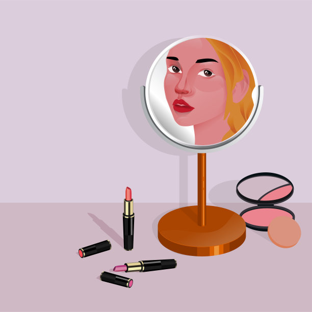 美丽的年轻女子对着镜子化妆，用化妆刷化妆。自然化妆触摸脸。保健生活方式化妆理念。图片下载