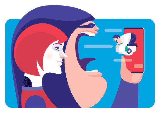 骗子拿着智能手机和机器人女人见面，在云端尖叫的商人图片下载