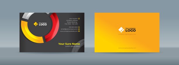 双面名片模板与玻璃曲线在黄色，白色和红色形成一个圆圈图片下载