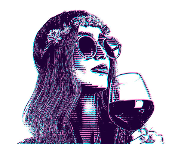 波西米亚嬉皮女人用故障技术喝着一杯酒图片下载