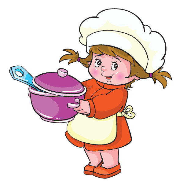 一个戴着厨师帽的女孩，手里拿着一只大炖锅，锅里伸出一只勺子，卡通插图，白色背景上的孤立物体，矢量，图片下载