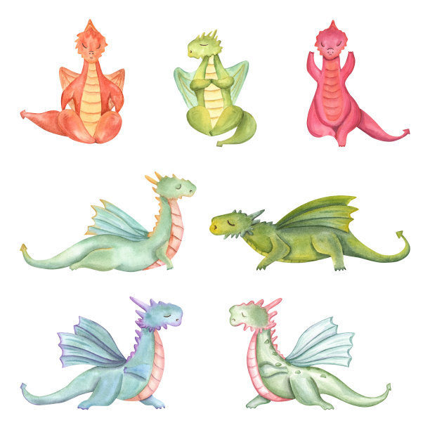 一套时尚的卡通龙在各种姿势的瑜伽。动物的冥想。彩龙在练习健身。水彩插图孤立的白色背景。图片下载