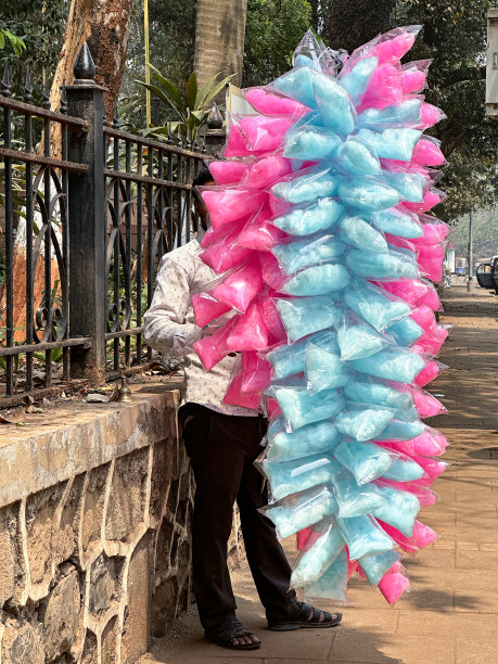 印度街头小贩举着木杆，扛着一袋袋蓝色和粉色的棉花糖，在阳光明媚的日子里，站在居民区铺砌的人行道上的阴凉处，这是特写照片的前景图片下载