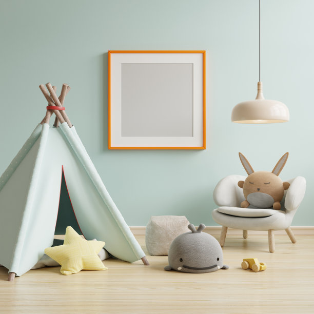 模拟海报框架在儿童房蓝色内部背景。图片下载