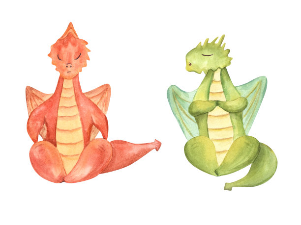 一套时尚的卡通龙坐在莲花的姿势。恐龙冥想。彩龙在练习健身。水彩插图孤立的白色背景。图片下载