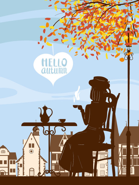 秋天的街头咖啡馆，女孩坐在椅子上，秋天的心情。杯子，椅子，桌子，水壶复古风格的横幅矢量插图图片下载