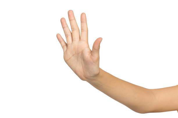 女性手的侧视图显示停止手势，孤立在白色背景上，复制空间图片下载