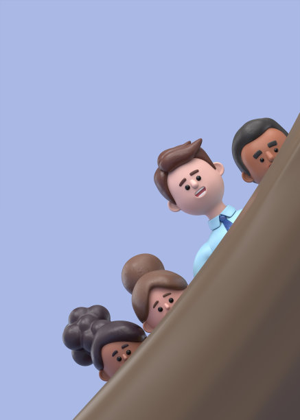 一群卡通人物躲在一棵大树后面偷看你的3D插图。蓝色背景的3D渲染。图片下载