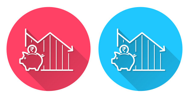 印度卢比储蓄下降的图表。圆形图标与长阴影在红色或蓝色的背景图片下载