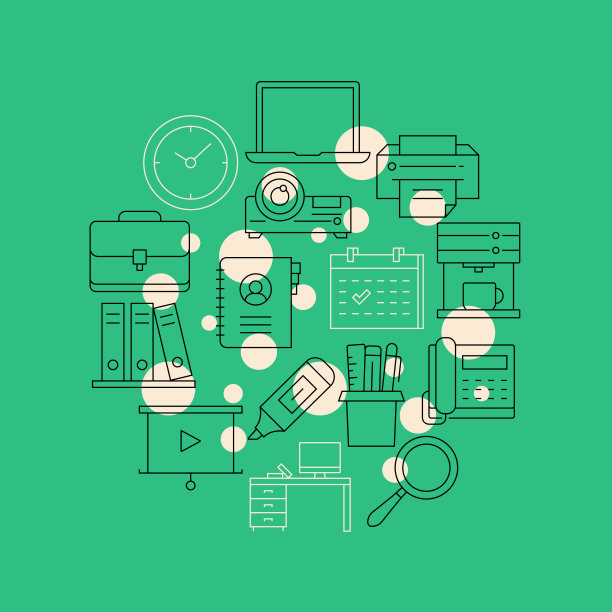 办公室和工作空间相关的设计元素。使用大纲图标的模式设计。色彩斑斓的矢量图图片下载