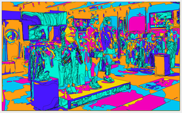 勾勒风格霓虹色彩的立体卡通室内场景，服装卖场的室内空间图片下载