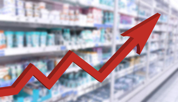 红色成长的大箭头在抽象模糊图像超市的背景。条形图和图形。食品价格上涨。通货膨胀的概念。零售行业。《金融与经济》股票市场。商店。图片下载