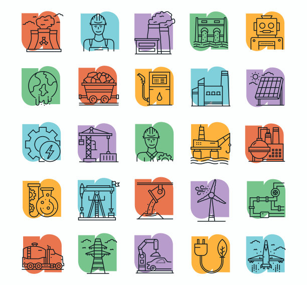 重和功率细线矢量图标集。设计是可编辑的，颜色可以改变。矢量创意图标集:发电厂，工厂，油泵，煤矿开采，能源，工业，污染图片下载