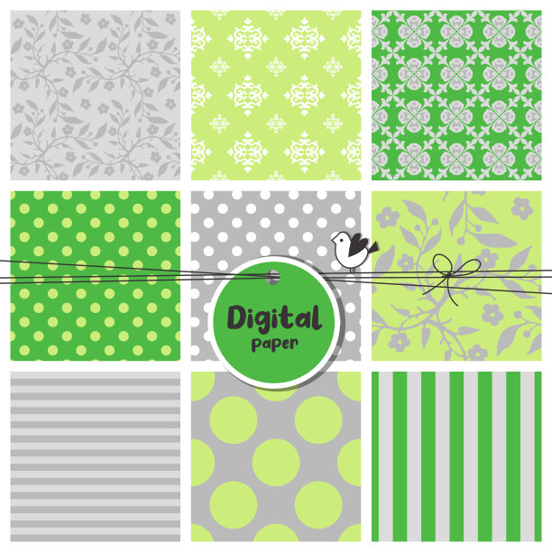 数码纸，一套无缝的图案，花，点，条纹，方形样品。绿色和灰色调。图片下载