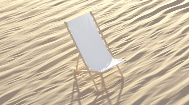 空白的白色折叠沙滩椅模型，沙子的背景图片下载