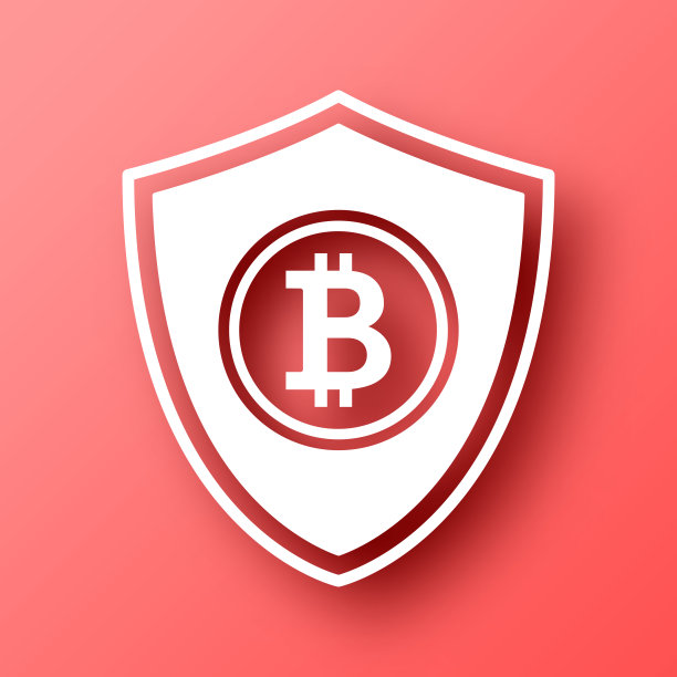 用比特币做盾牌。图标在红色背景与阴影图片下载