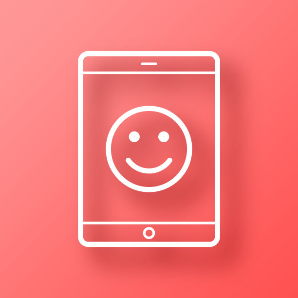 有快乐表情的平板电脑。图标在红色背景与阴影图片下载