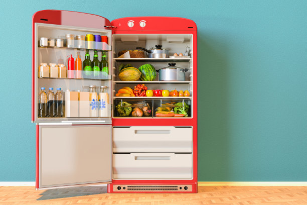 打开冰箱，里面有新鲜的水果蔬菜和健康食品，3D渲染图片下载