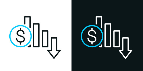美元汇率下降。黑色或白色背景上的双色线条图标-可编辑笔触图片下载