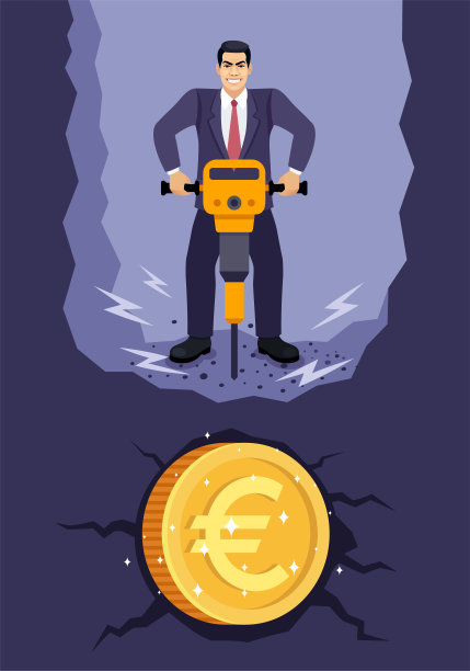 商人挖掘黄金欧元硬币。黄金欧元硬币开采。拿手提钻的工人。图片下载