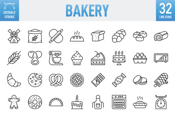 面包店-细线矢量图标集。像素完美。可编辑的中风。移动和Web。该集包含图标:面包店，饼干，烘焙，面包，蛋糕，食品，食品和饮料，纸杯蛋糕，面团，甜甜圈，烹饪，烘焙糕点项目，甜食，甜派图片下载
