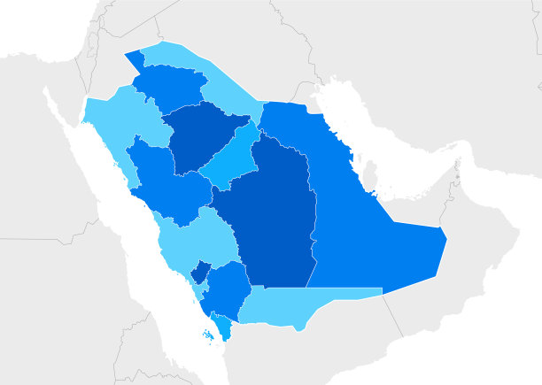沙特阿拉伯蓝色地图，包含埃及、苏丹、以色列、约旦、伊拉克、科威特、巴林、卡塔尔、阿拉伯联合酋长国、阿曼和也门的区域和国界图片下载