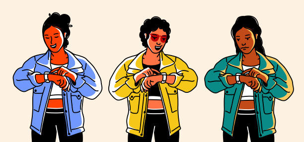 年轻女性使用智能手表。智能手表技术，矢量插画设计理念。手绘，素描，涂鸦。图片下载