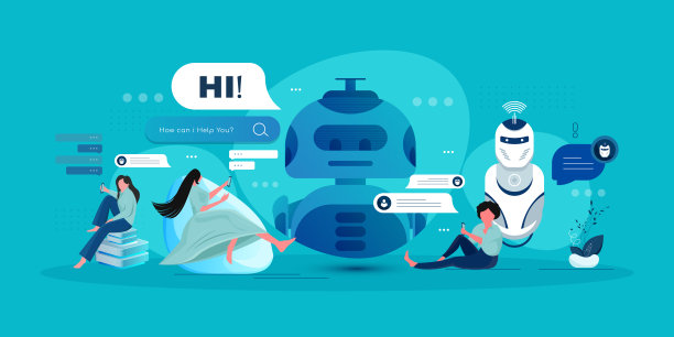 科学人平面插画。女人在屏幕上与AI(机器人)交谈。图片下载