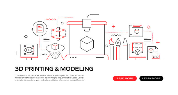 3D打印和建模网络横幅与线性图标，新潮的线性风格向量图片下载